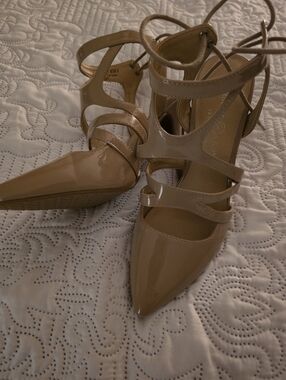 Chinese Laundry Taupe Patent Pointed-Toe Lace-Up Heels